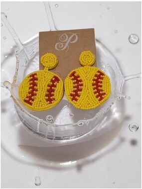 NWT ♥️ Yellow Baseball Beaded Statement Earrings with Coral Accents